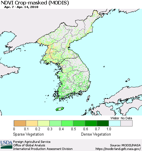 Korea Cropland NDVI (Terra-MODIS) Thematic Map For 4/11/2018 - 4/20/2018