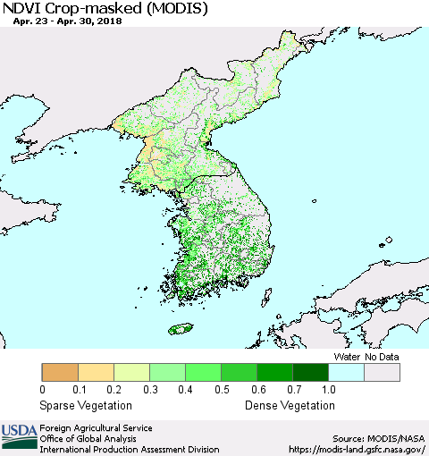 Korea Cropland NDVI (Terra-MODIS) Thematic Map For 4/21/2018 - 4/30/2018