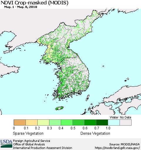 Korea Cropland NDVI (Terra-MODIS) Thematic Map For 5/1/2018 - 5/10/2018