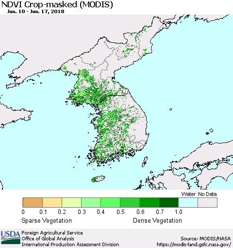 Korea Cropland NDVI (Terra-MODIS) Thematic Map For 6/11/2018 - 6/20/2018