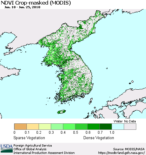 Korea Cropland NDVI (Terra-MODIS) Thematic Map For 6/21/2018 - 6/30/2018