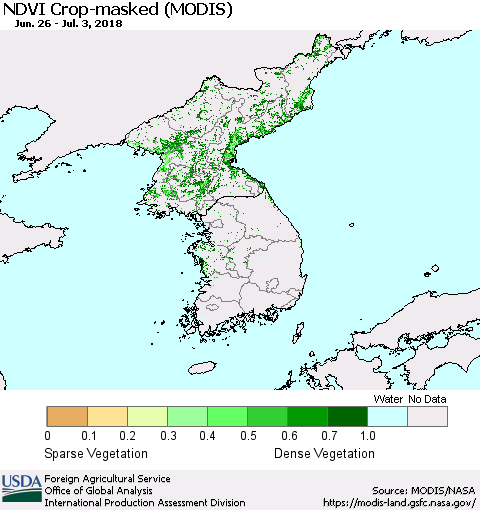 Korea Cropland NDVI (Terra-MODIS) Thematic Map For 7/1/2018 - 7/10/2018