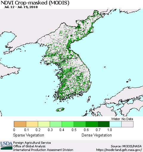 Korea Cropland NDVI (Terra-MODIS) Thematic Map For 7/11/2018 - 7/20/2018