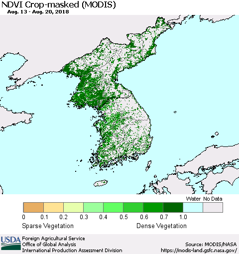 Korea Cropland NDVI (Terra-MODIS) Thematic Map For 8/11/2018 - 8/20/2018