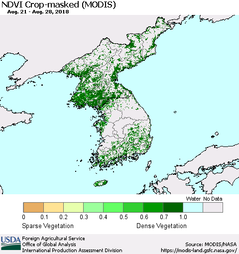 Korea Cropland NDVI (Terra-MODIS) Thematic Map For 8/21/2018 - 8/31/2018