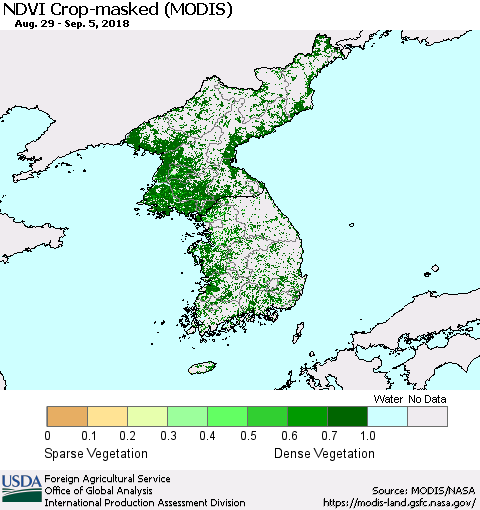 Korea Cropland NDVI (Terra-MODIS) Thematic Map For 9/1/2018 - 9/10/2018