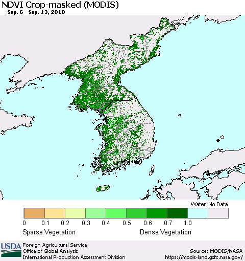 Korea Cropland NDVI (Terra-MODIS) Thematic Map For 9/11/2018 - 9/20/2018