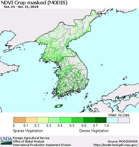 Korea Cropland NDVI (Terra-MODIS) Thematic Map For 10/21/2018 - 10/31/2018