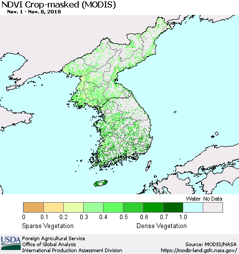 Korea Cropland NDVI (Terra-MODIS) Thematic Map For 11/1/2018 - 11/10/2018