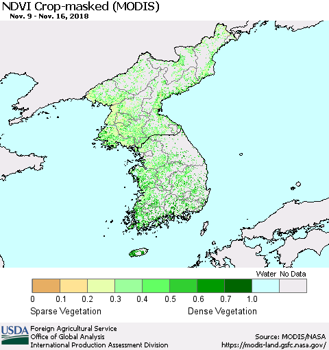 Korea Cropland NDVI (Terra-MODIS) Thematic Map For 11/11/2018 - 11/20/2018