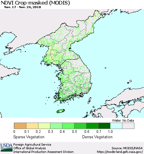 Korea Cropland NDVI (Terra-MODIS) Thematic Map For 11/21/2018 - 11/30/2018