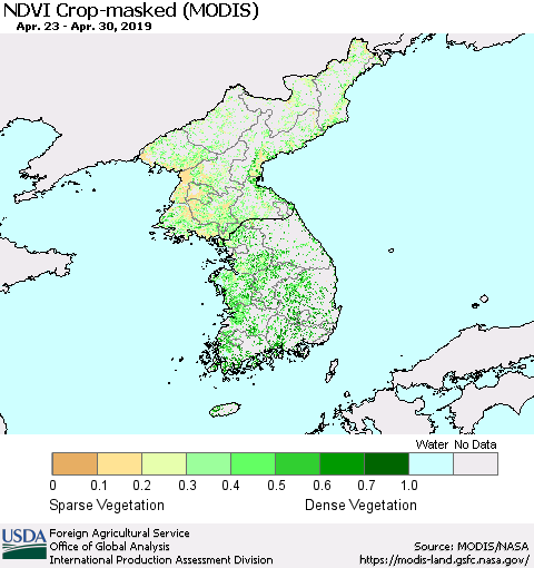 Korea Cropland NDVI (Terra-MODIS) Thematic Map For 4/21/2019 - 4/30/2019
