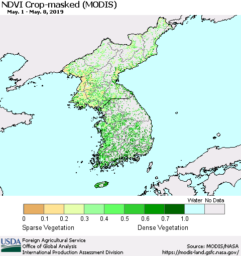 Korea Cropland NDVI (Terra-MODIS) Thematic Map For 5/1/2019 - 5/10/2019