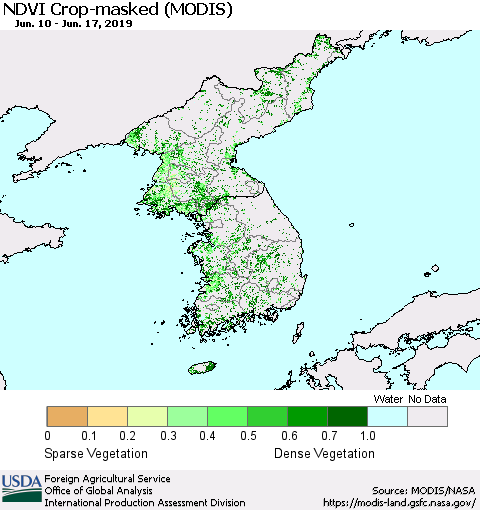 Korea Cropland NDVI (Terra-MODIS) Thematic Map For 6/11/2019 - 6/20/2019