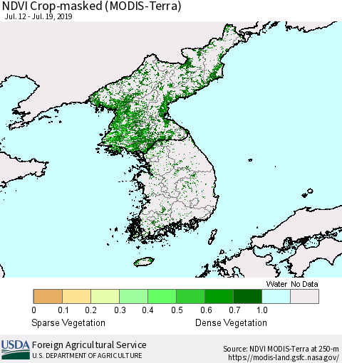 Korea Cropland NDVI (Terra-MODIS) Thematic Map For 7/11/2019 - 7/20/2019