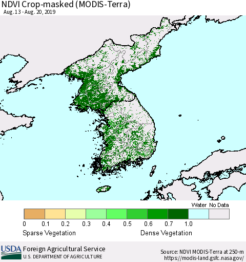 Korea Cropland NDVI (Terra-MODIS) Thematic Map For 8/11/2019 - 8/20/2019