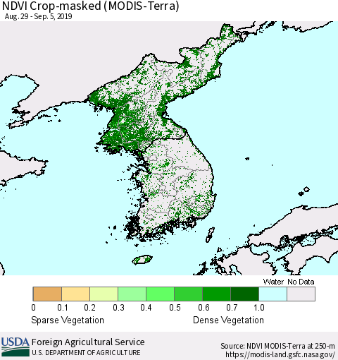 Korea Cropland NDVI (Terra-MODIS) Thematic Map For 9/1/2019 - 9/10/2019