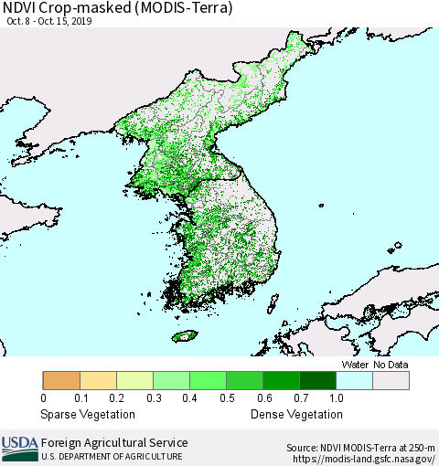 Korea Cropland NDVI (Terra-MODIS) Thematic Map For 10/11/2019 - 10/20/2019