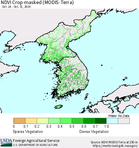 Korea Cropland NDVI (Terra-MODIS) Thematic Map For 10/21/2019 - 10/31/2019