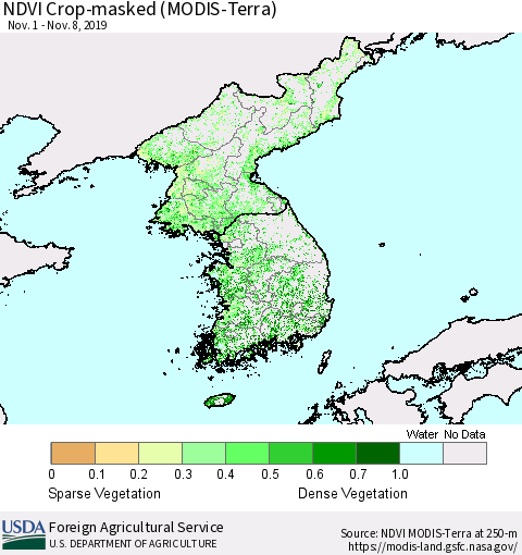 Korea Cropland NDVI (Terra-MODIS) Thematic Map For 11/1/2019 - 11/10/2019