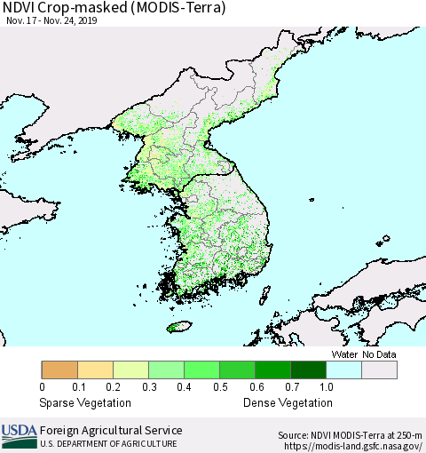 Korea Cropland NDVI (Terra-MODIS) Thematic Map For 11/21/2019 - 11/30/2019