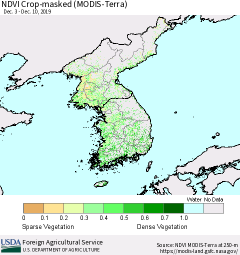 Korea Cropland NDVI (Terra-MODIS) Thematic Map For 12/1/2019 - 12/10/2019