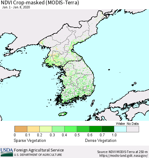 Korea Cropland NDVI (Terra-MODIS) Thematic Map For 1/1/2020 - 1/10/2020