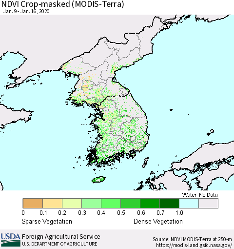 Korea Cropland NDVI (Terra-MODIS) Thematic Map For 1/11/2020 - 1/20/2020