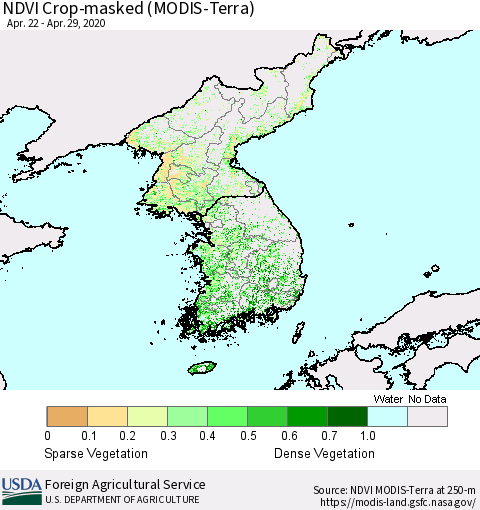Korea Cropland NDVI (Terra-MODIS) Thematic Map For 4/21/2020 - 4/30/2020