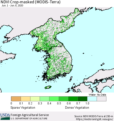 Korea Cropland NDVI (Terra-MODIS) Thematic Map For 6/1/2020 - 6/10/2020