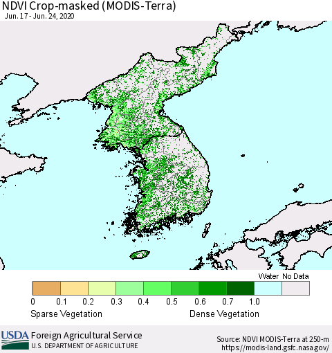 Korea Cropland NDVI (Terra-MODIS) Thematic Map For 6/21/2020 - 6/30/2020