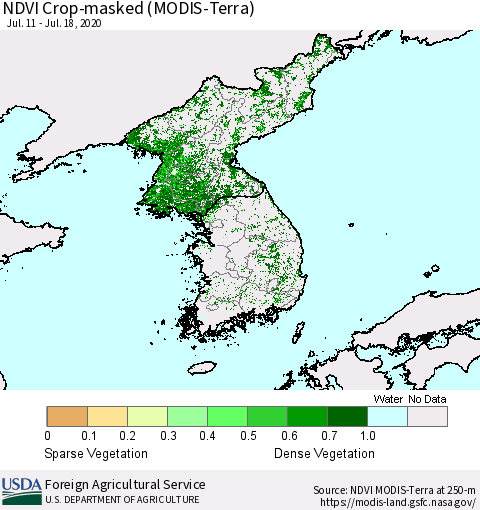 Korea Cropland NDVI (Terra-MODIS) Thematic Map For 7/11/2020 - 7/20/2020