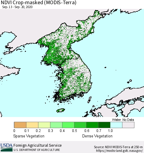 Korea Cropland NDVI (Terra-MODIS) Thematic Map For 9/11/2020 - 9/20/2020