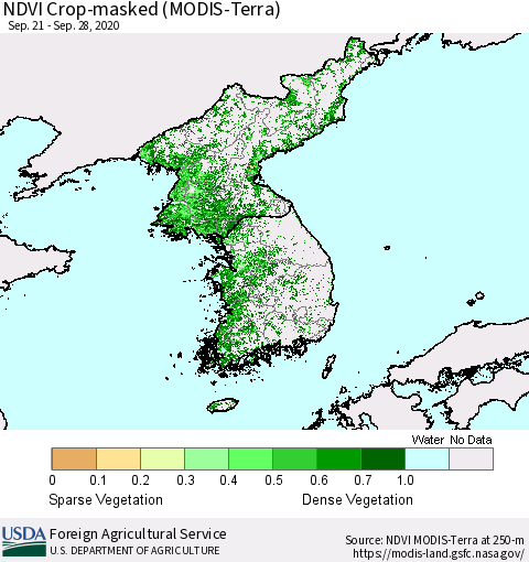 Korea Cropland NDVI (Terra-MODIS) Thematic Map For 9/21/2020 - 9/30/2020