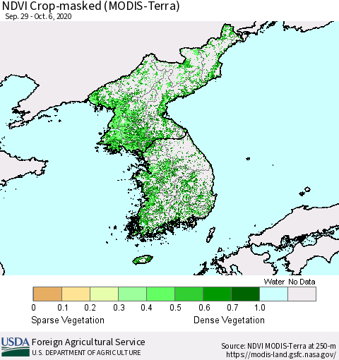 Korea Cropland NDVI (Terra-MODIS) Thematic Map For 10/1/2020 - 10/10/2020