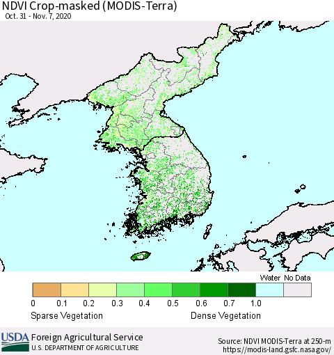 Korea Cropland NDVI (Terra-MODIS) Thematic Map For 11/1/2020 - 11/10/2020