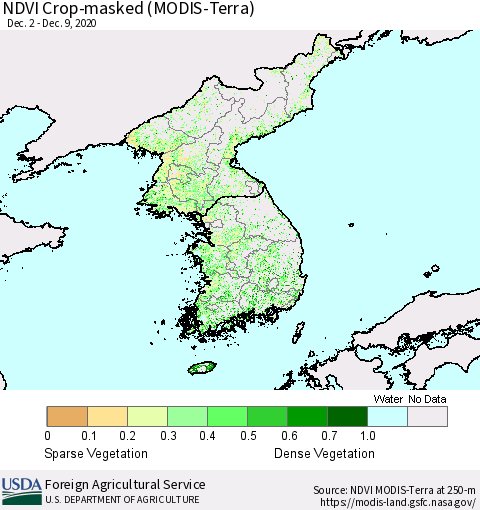 Korea Cropland NDVI (Terra-MODIS) Thematic Map For 12/1/2020 - 12/10/2020