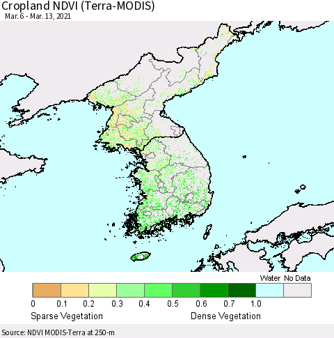 Korea Cropland NDVI (Terra-MODIS) Thematic Map For 3/6/2021 - 3/13/2021
