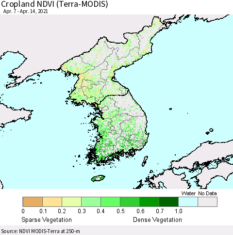 Korea Cropland NDVI (Terra-MODIS) Thematic Map For 4/7/2021 - 4/14/2021