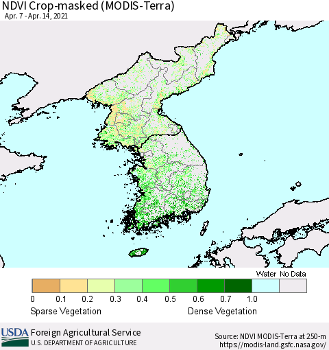 Korea Cropland NDVI (Terra-MODIS) Thematic Map For 4/11/2021 - 4/20/2021