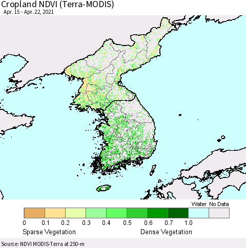 Korea Cropland NDVI (Terra-MODIS) Thematic Map For 4/15/2021 - 4/22/2021