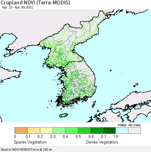 Korea Cropland NDVI (Terra-MODIS) Thematic Map For 4/23/2021 - 4/30/2021