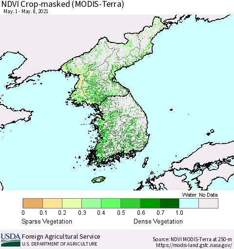 Korea Cropland NDVI (Terra-MODIS) Thematic Map For 5/1/2021 - 5/10/2021