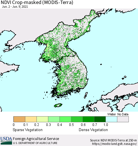 Korea Cropland NDVI (Terra-MODIS) Thematic Map For 6/1/2021 - 6/10/2021