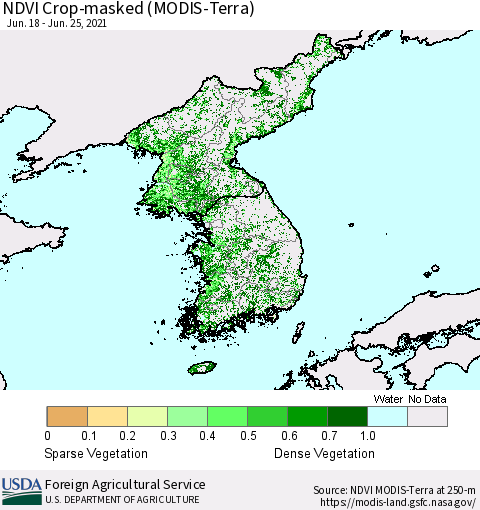 Korea Cropland NDVI (Terra-MODIS) Thematic Map For 6/21/2021 - 6/30/2021