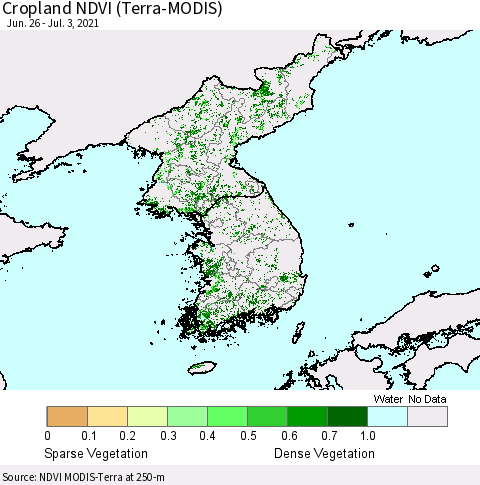 Korea Cropland NDVI (Terra-MODIS) Thematic Map For 6/26/2021 - 7/3/2021