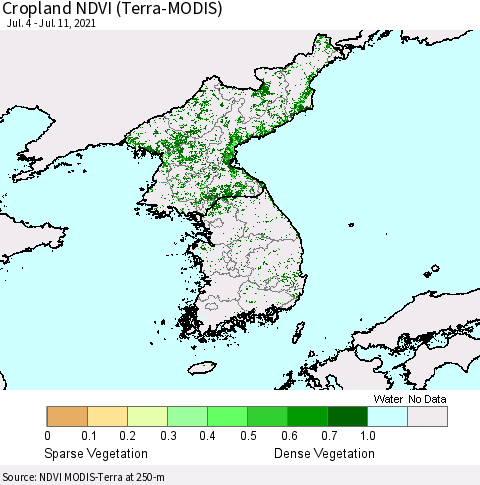Korea Cropland NDVI (Terra-MODIS) Thematic Map For 7/4/2021 - 7/11/2021