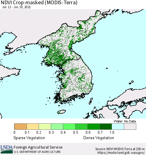 Korea Cropland NDVI (Terra-MODIS) Thematic Map For 7/11/2021 - 7/20/2021