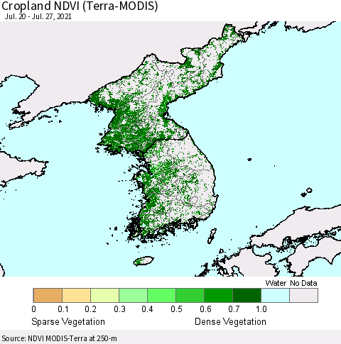 Korea Cropland NDVI (Terra-MODIS) Thematic Map For 7/20/2021 - 7/27/2021