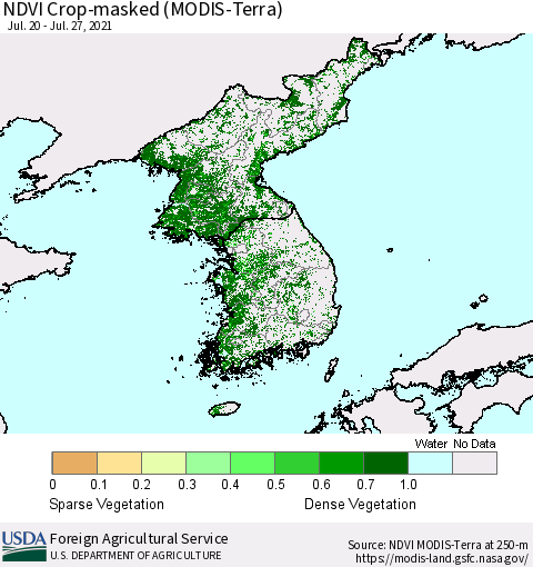 Korea Cropland NDVI (Terra-MODIS) Thematic Map For 7/21/2021 - 7/31/2021